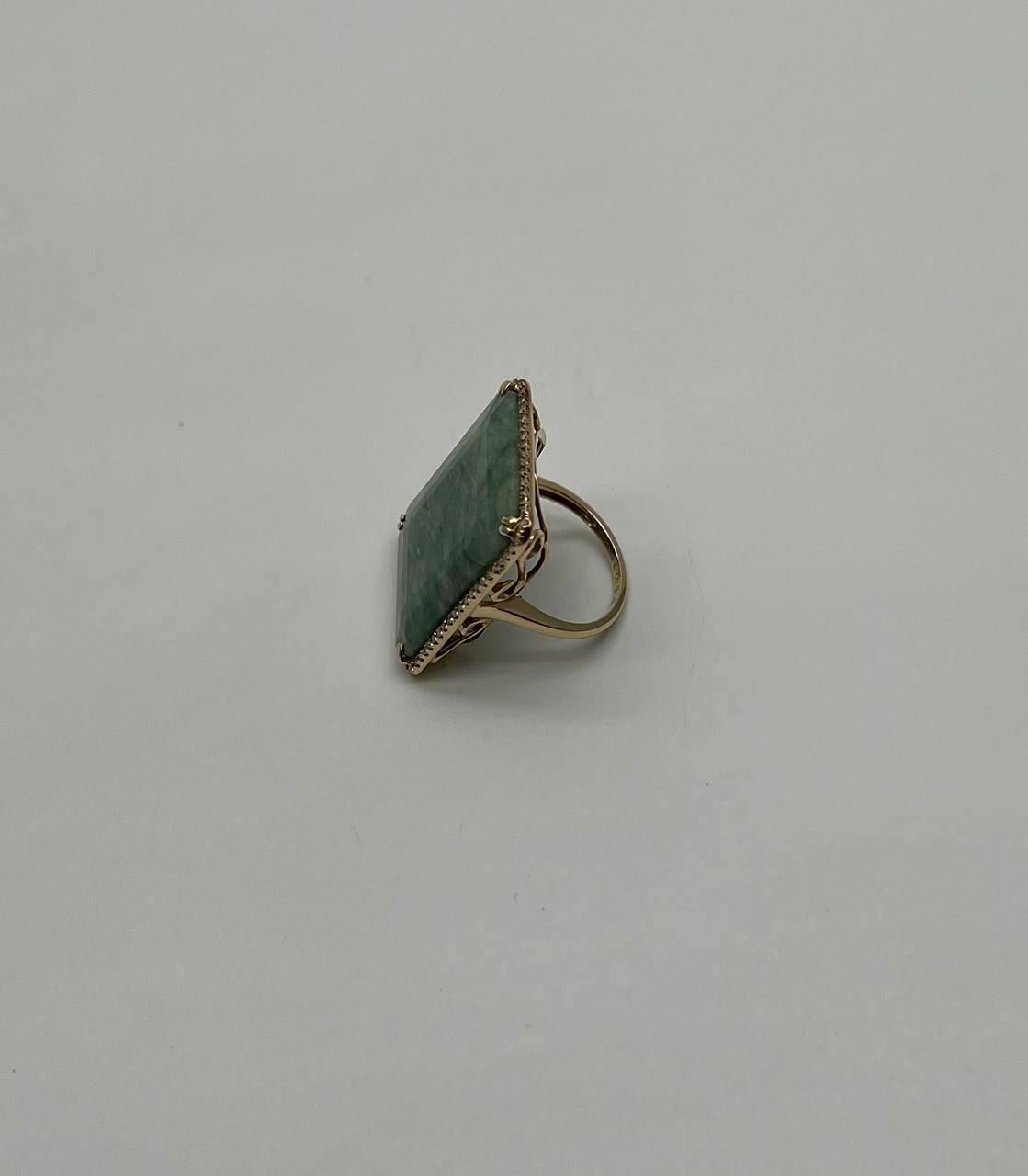 Rectangle Faceted Emerald Shape Green Sapphire Cabochon 14K Gold Diamond Ring For Sale 2