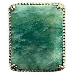 Rectangle Faceted Emerald Shape Green Sapphire Cabochon 14K Gold Diamond Ring