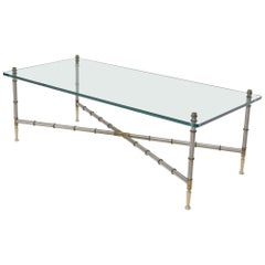 Rectangle Glass Top Chrome and Brass Faux Bamboo Coffee Table