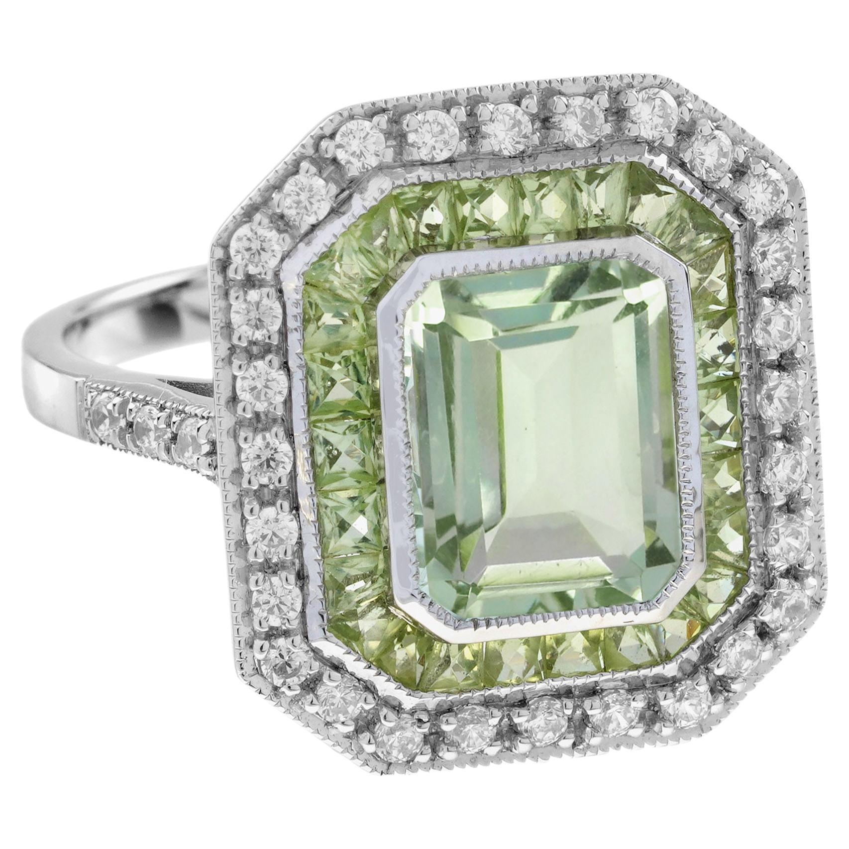 Rectangle Green Amethyst & Peridot Diamond Art Deco Style 14K White Gold Ring
