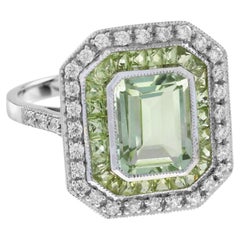 Rectangle Green Amethyst & Peridot Diamond Art Deco Style 14K White Gold Ring