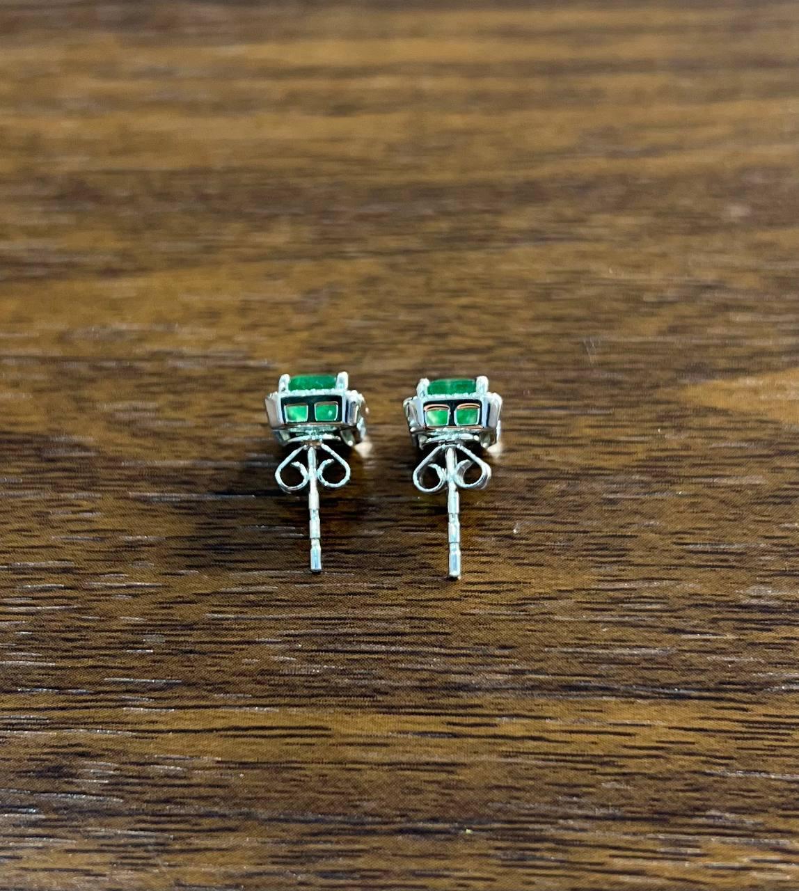 Rectangle Green Emerald Diamond Halo Set 14K White Gold Stud Earrings For Sale 5