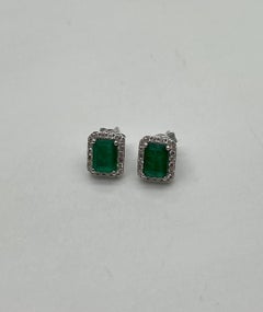 Rectangle Green Emerald Diamond Halo Set 14K White Gold Stud Earrings