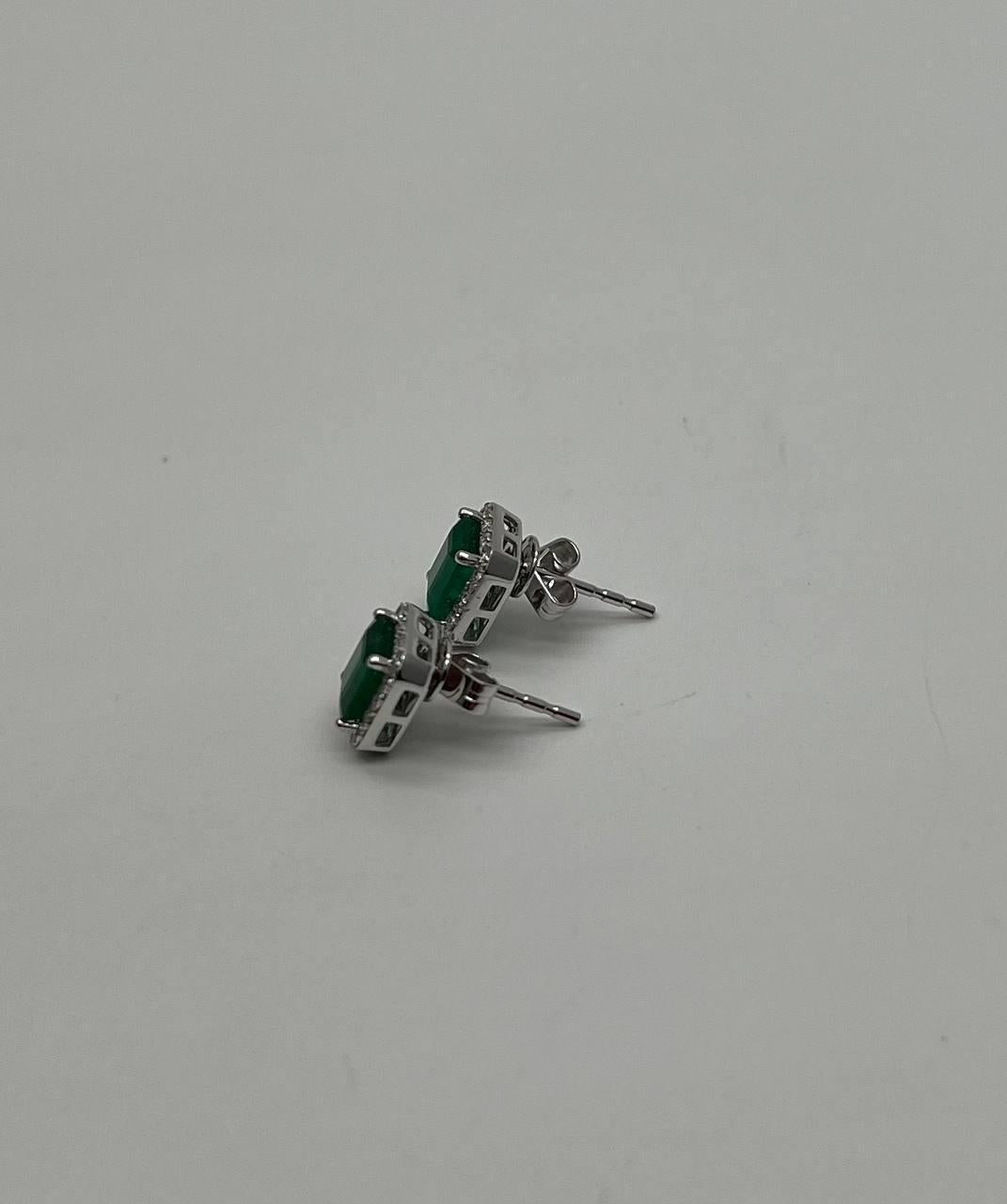 Rectangle Green Emerald Diamond Halo Set 14K White Gold Stud Earrings In New Condition For Sale In Oakton, VA
