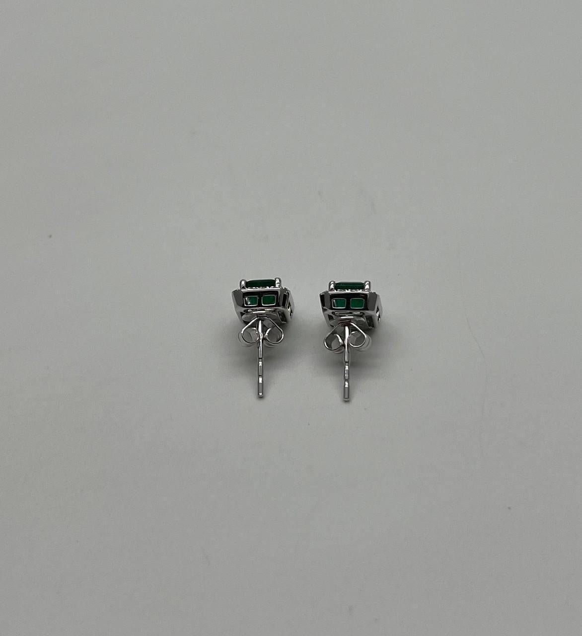 Women's Rectangle Green Emerald Diamond Halo Set 14K White Gold Stud Earrings For Sale
