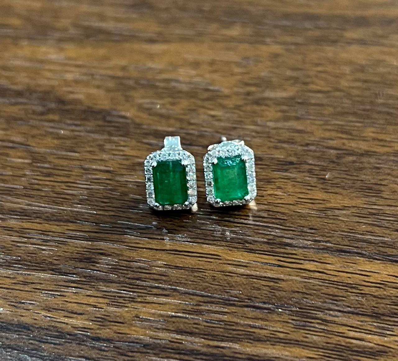 Rectangle Green Emerald Diamond Halo Set 14K White Gold Stud Earrings For Sale 1