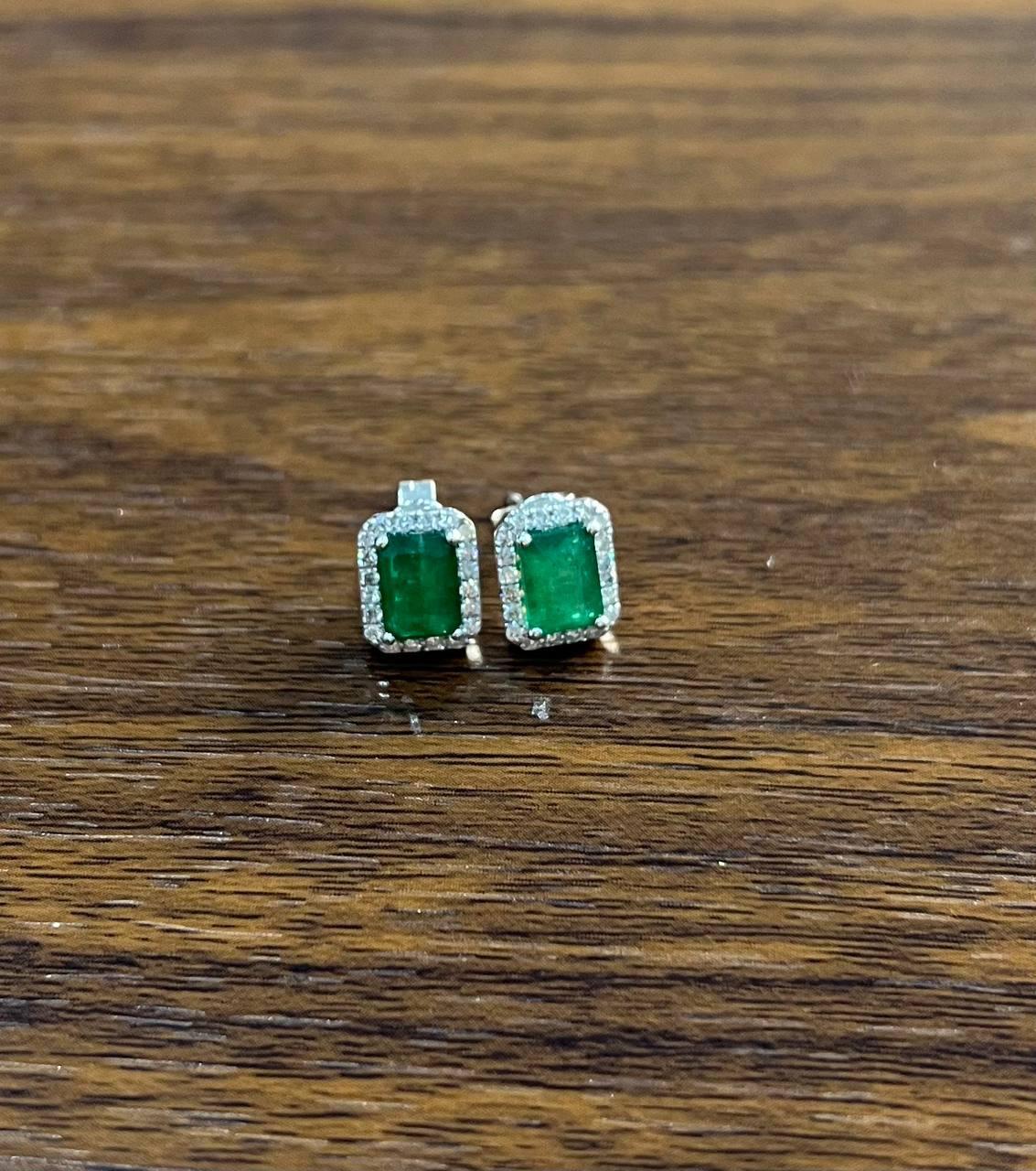 Rectangle Green Emerald Diamond Halo Set 14K White Gold Stud Earrings For Sale 2
