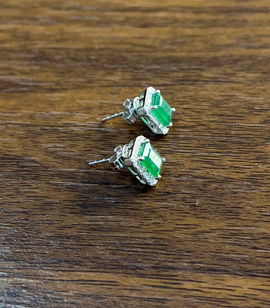 Rectangle Green Emerald Diamond Halo Set 14K White Gold Stud Earrings For Sale 3