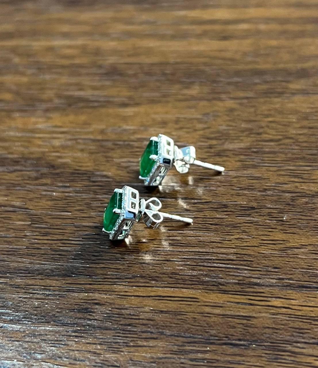 Rectangle Green Emerald Diamond Halo Set 14K White Gold Stud Earrings For Sale 4