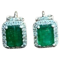 Rectangle Green Emerald Diamond Halo Set 14K White Gold Stud Earrings