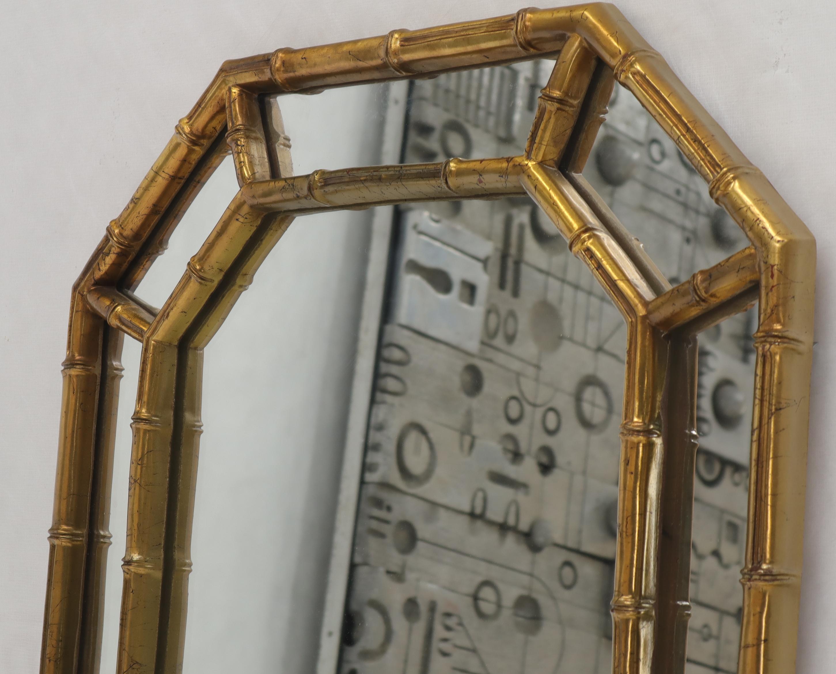 Mid-Century Modern Rectangle Hexagon Shape Gold Finish Gilt Faux Bamboo Wall Mirror For Sale