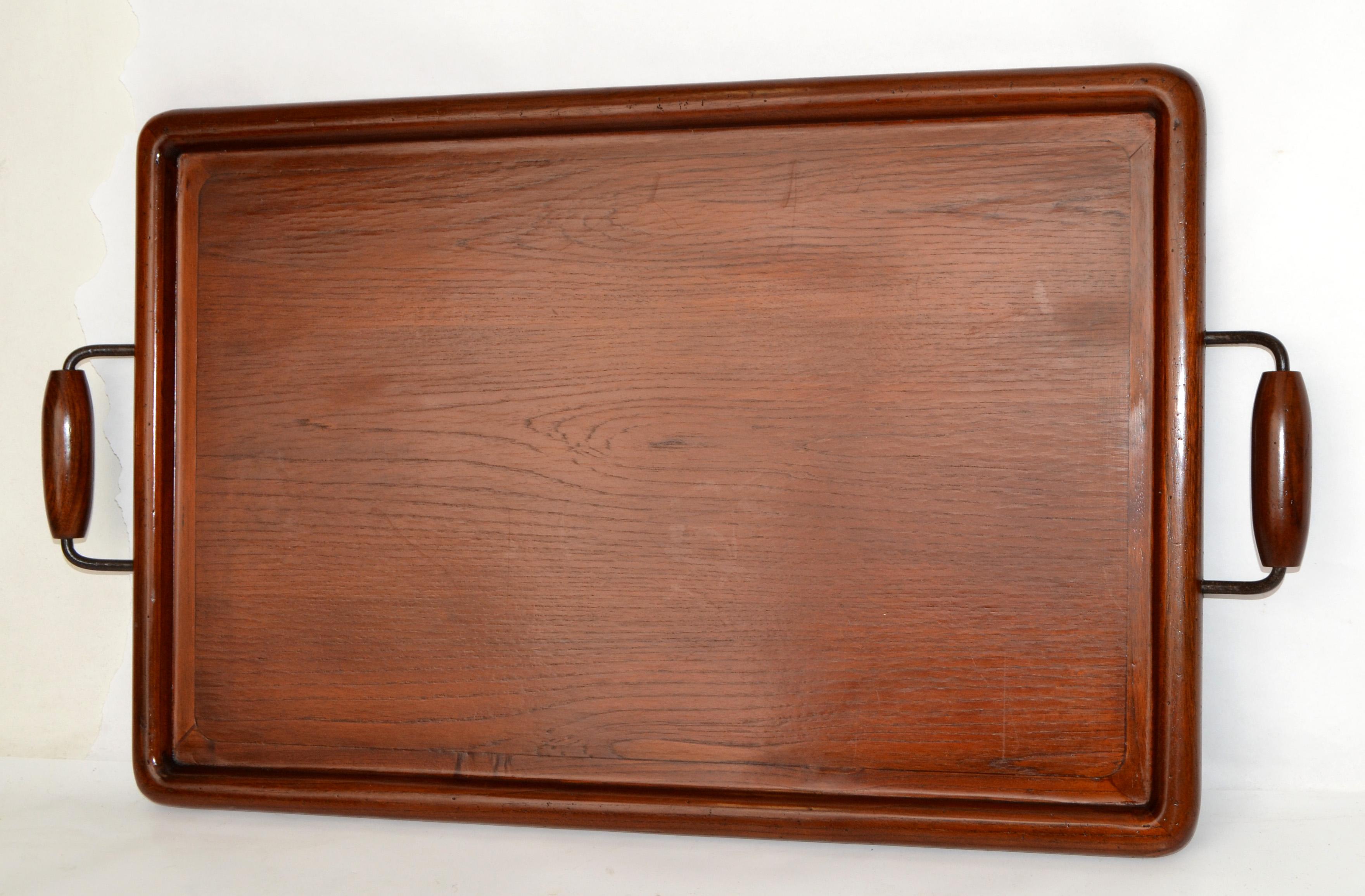 Rectangle Huge American Footed Oak Serving Tray Mid-Century Modern Round Handles For Sale 5