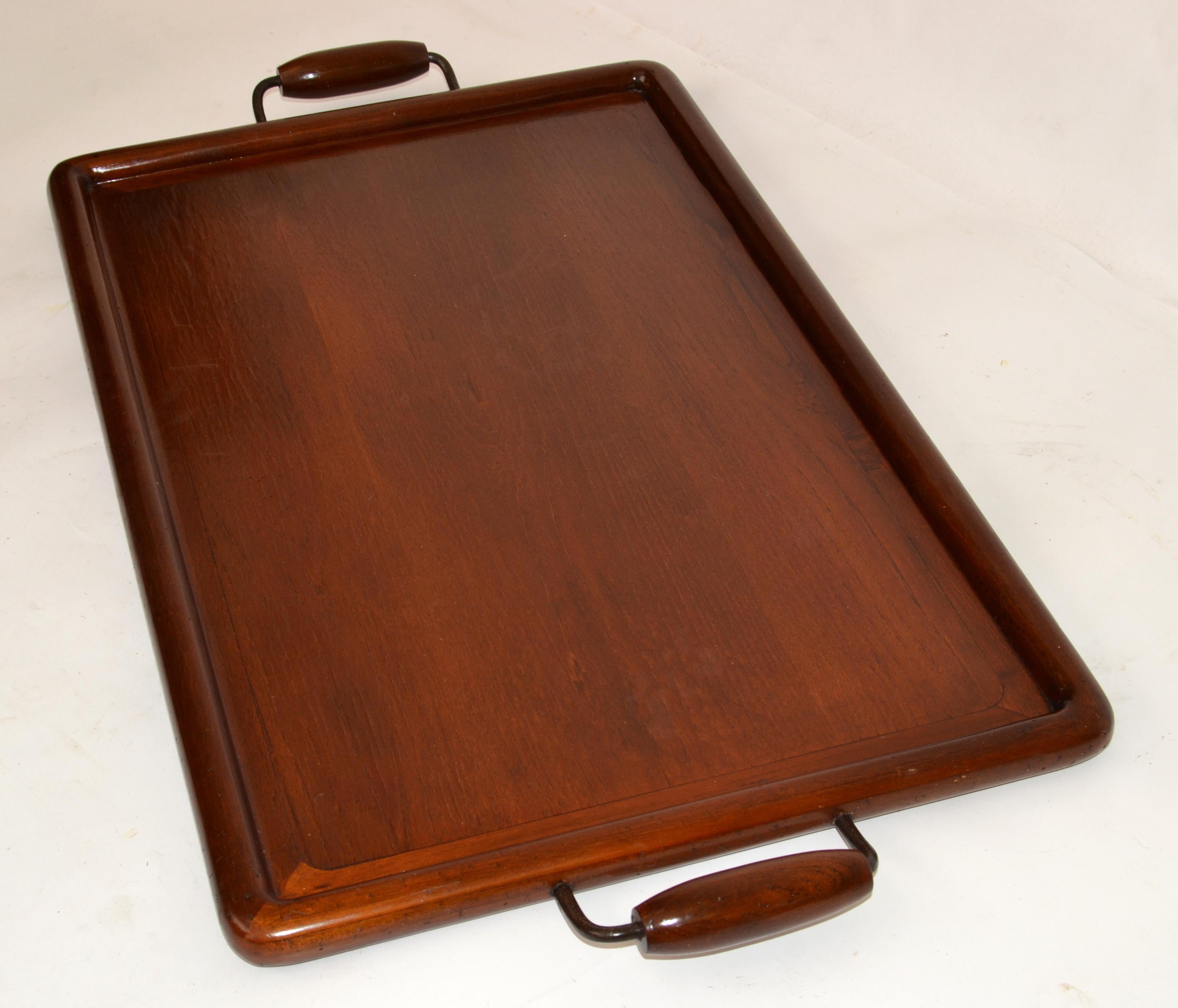 Organic Modern Rectangle Huge American Footed Oak Serving Tray Mid-Century Modern Round Handles For Sale