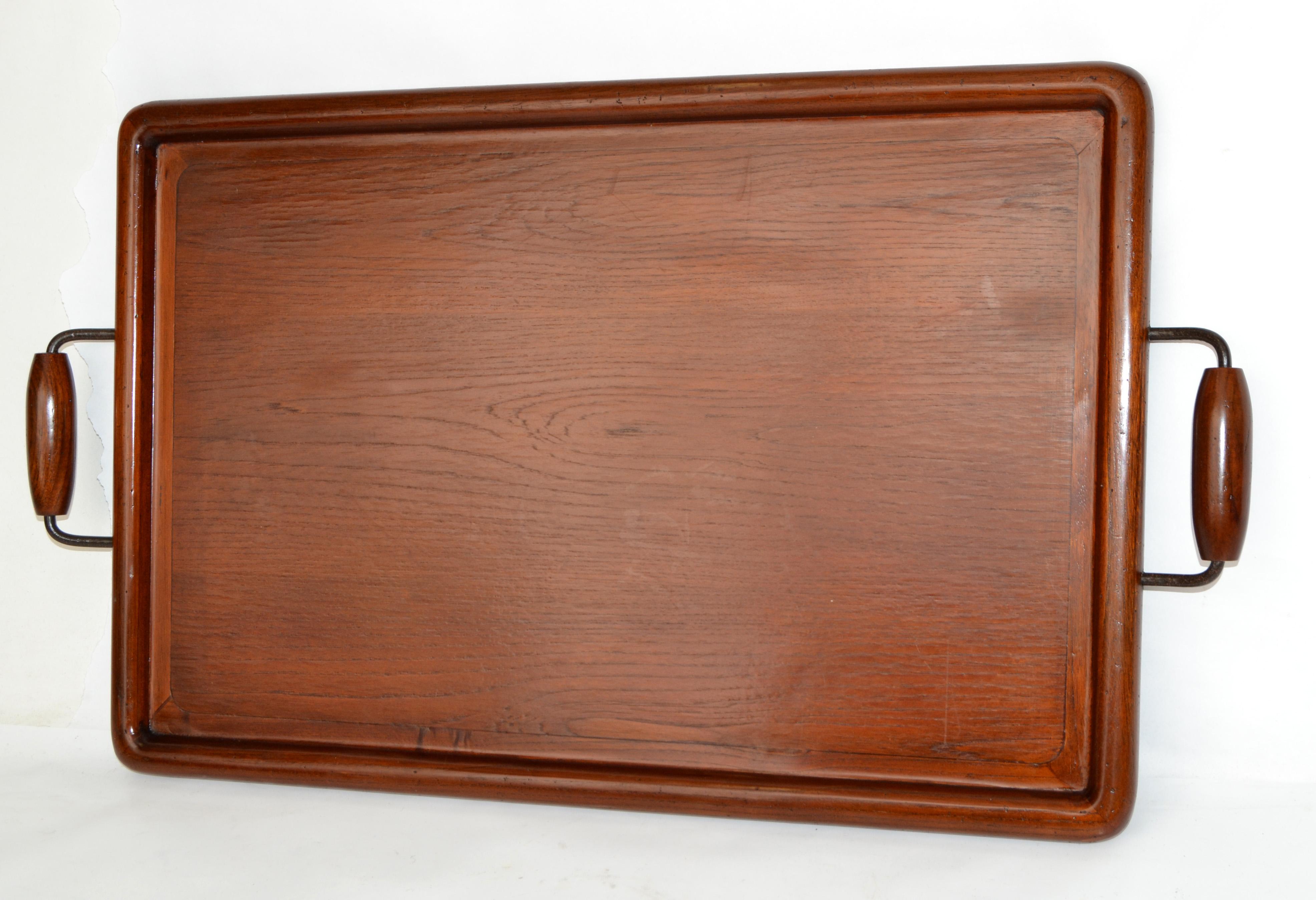 20th Century Rectangle Huge American Footed Oak Serving Tray Mid-Century Modern Round Handles For Sale