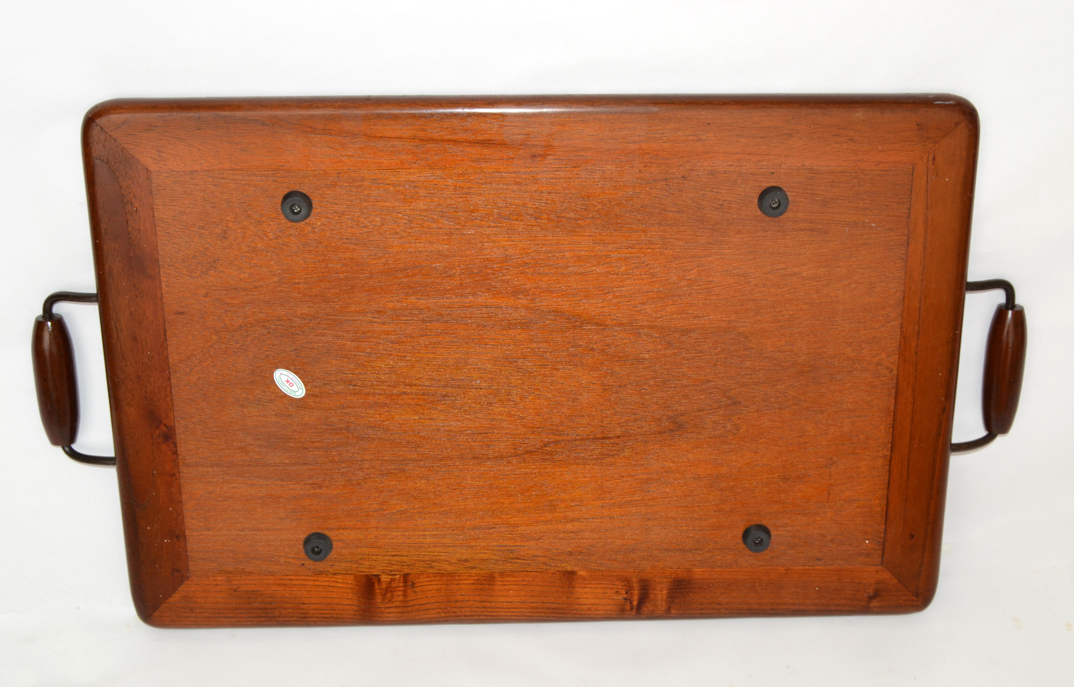 Rectangle Huge American Footed Oak Serving Tray Mid-Century Modern Round Handles For Sale 1