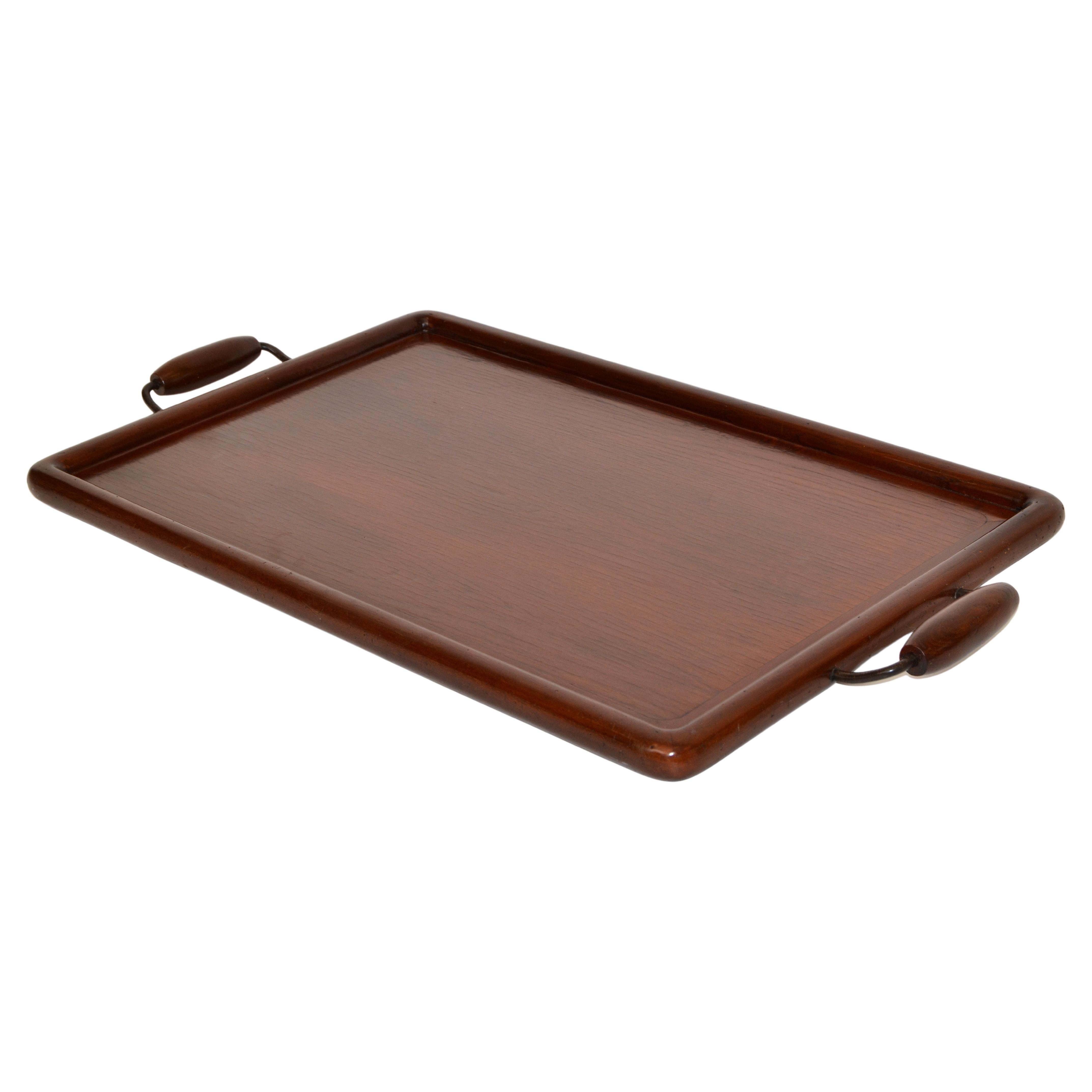 Rectangle Huge American Footed Oak Serving Tray Mid-Century Modern Round Handles For Sale