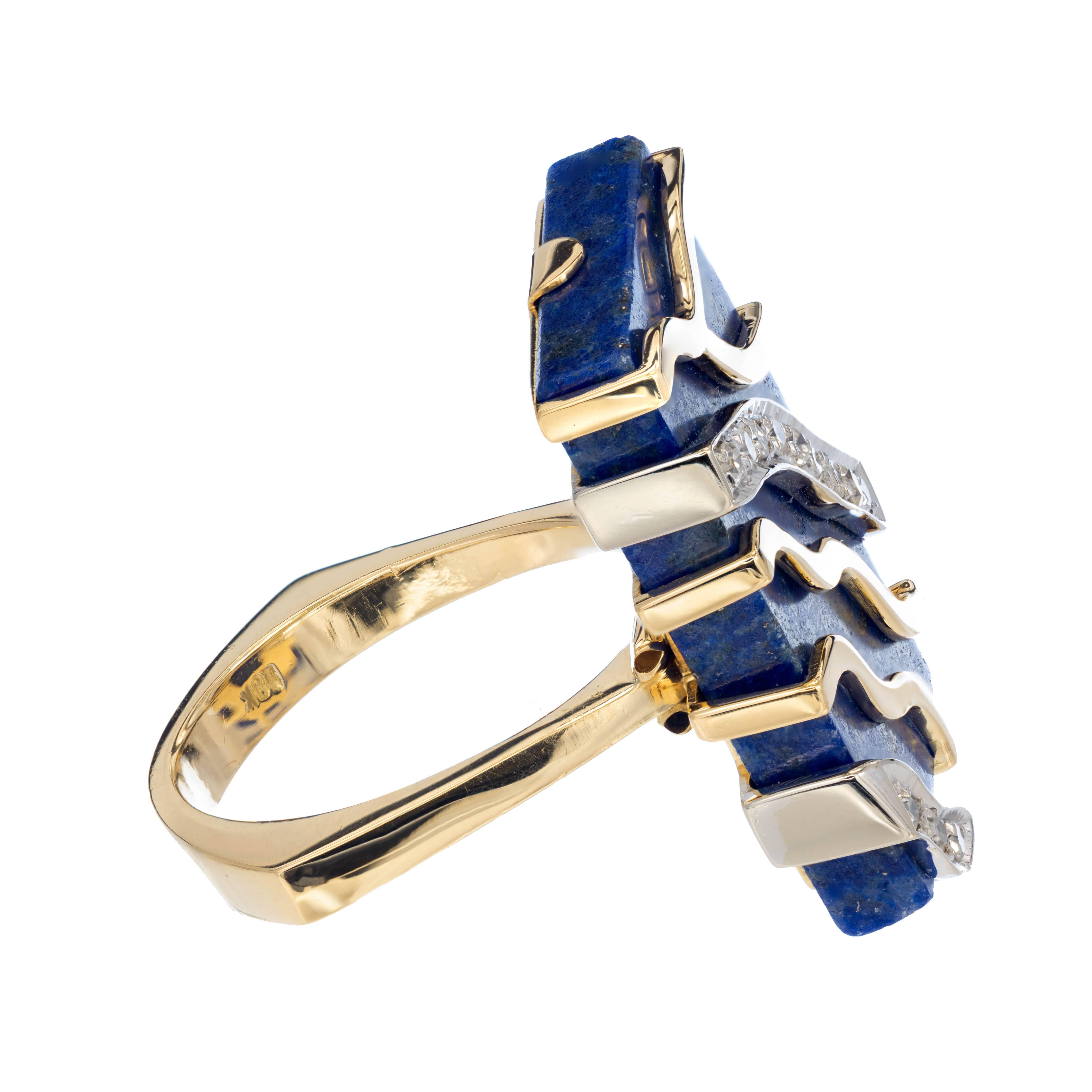Round Cut Rectangle Lapis Diamond Two-Tone Gold Cocktail Ring