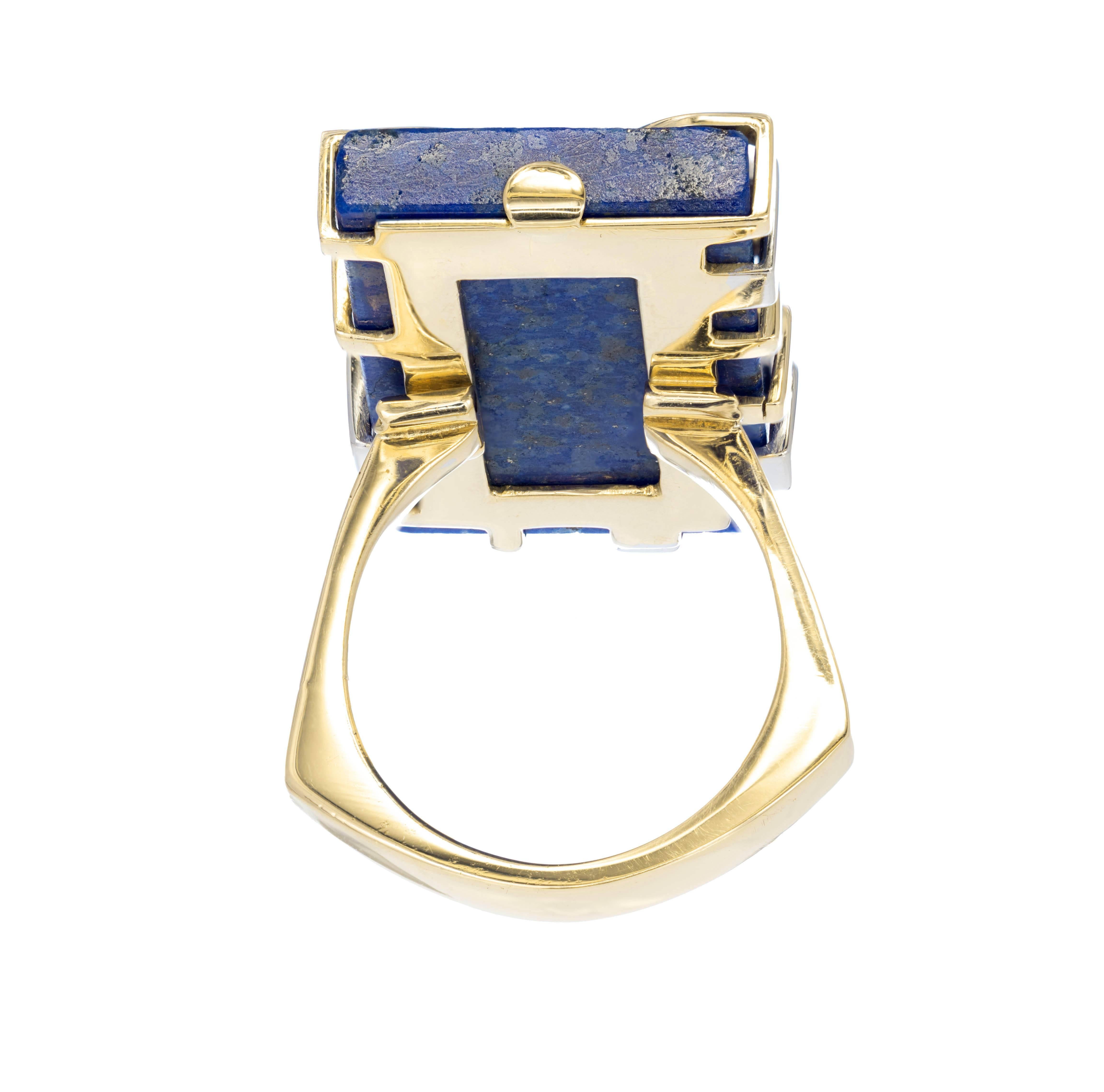 Rectangle Lapis Diamond Two-Tone Gold Cocktail Ring In Good Condition In Stamford, CT