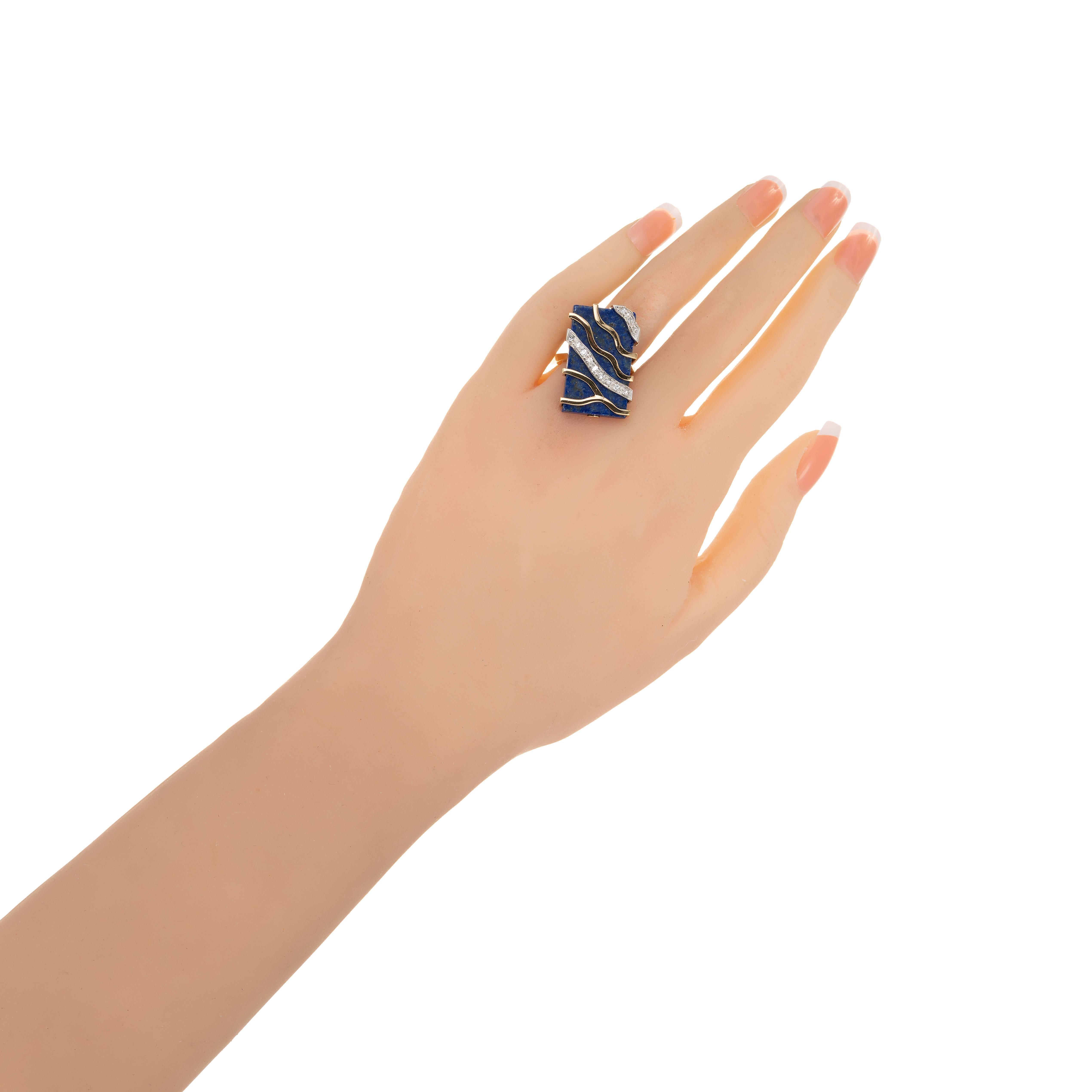 Women's Rectangle Lapis Diamond Two-Tone Gold Cocktail Ring