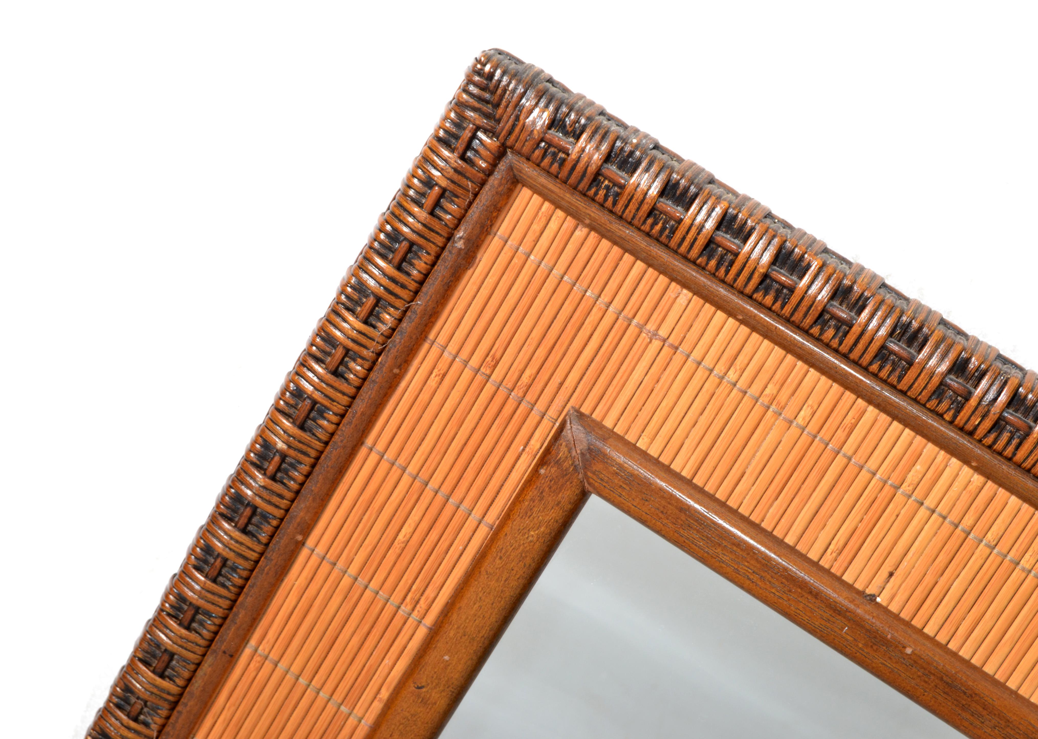 Rectangle Mid-Century Modern Handwoven Rattan Wicker Wall Mirror Boho Chic 1979 For Sale 4
