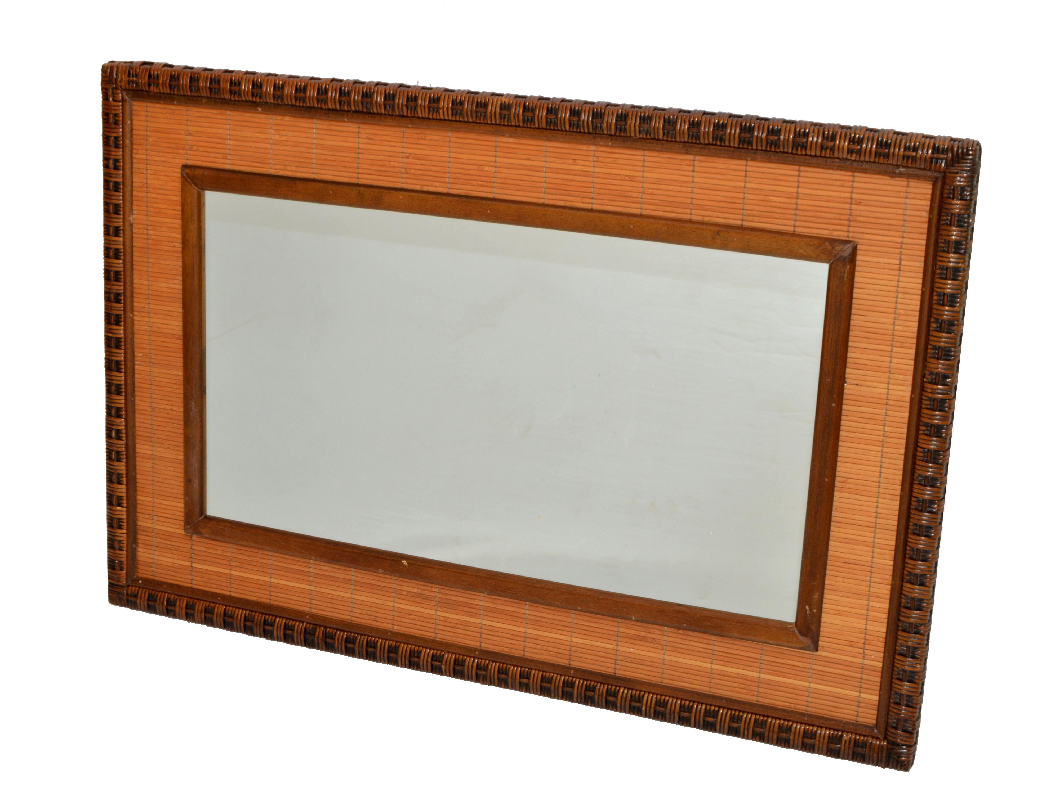 Rectangle Mid-Century Modern Handwoven Rattan Wicker Wall Mirror Boho Chic 1979 For Sale 7