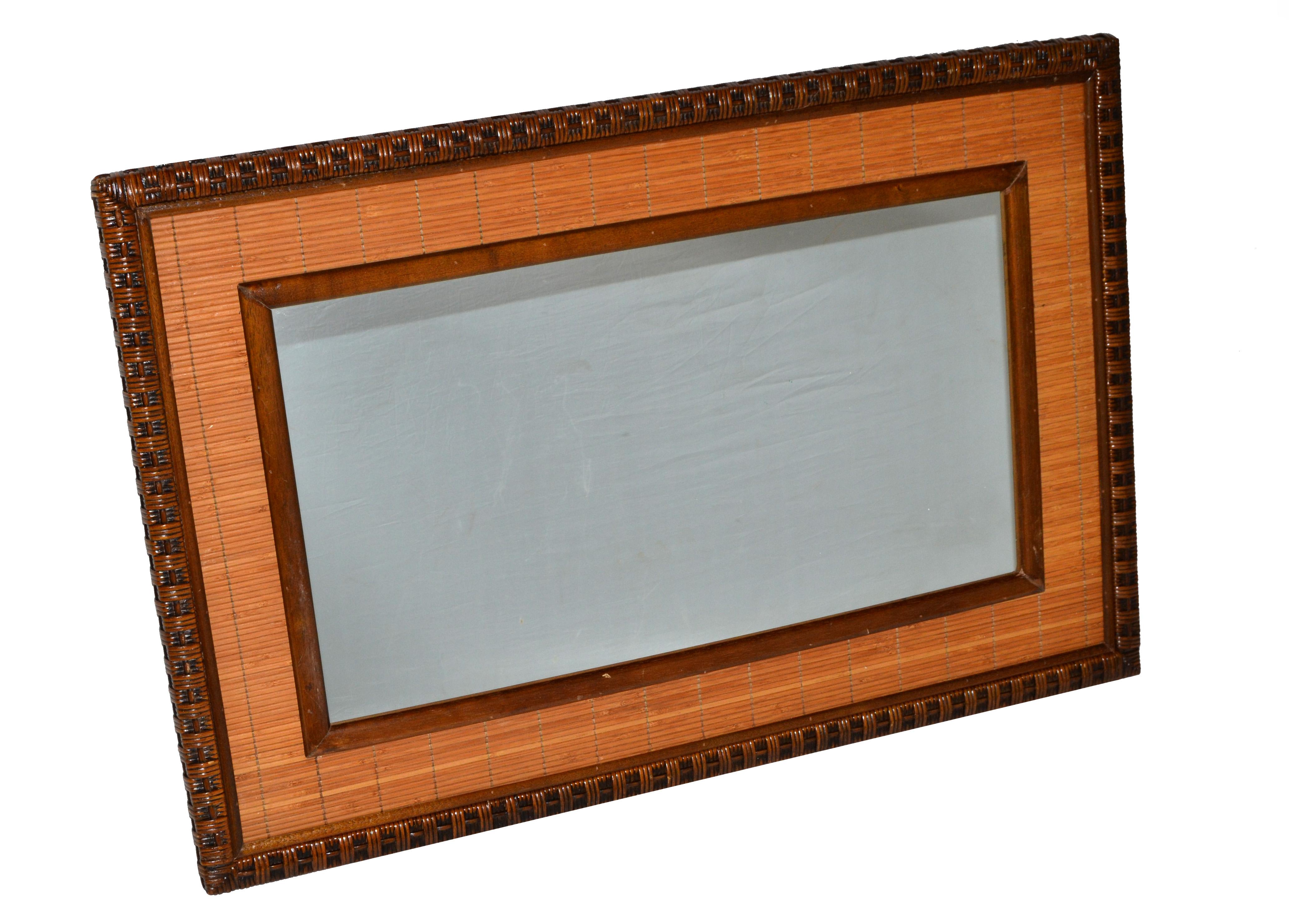 Hand-Woven Rectangle Mid-Century Modern Handwoven Rattan Wicker Wall Mirror Boho Chic 1979 For Sale