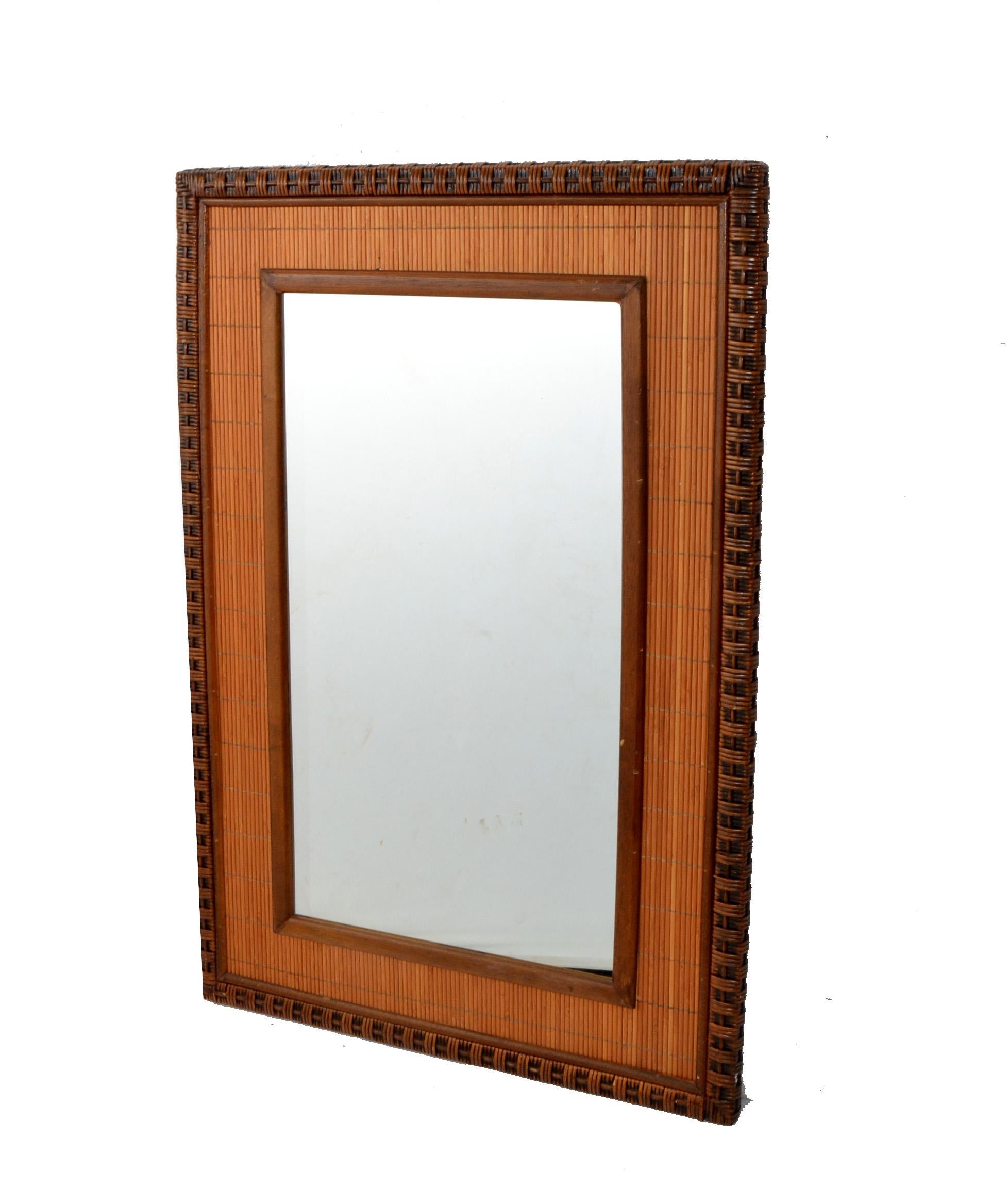Rectangle Mid-Century Modern Handwoven Rattan Wicker Wall Mirror Boho Chic 1979 In Good Condition For Sale In Miami, FL