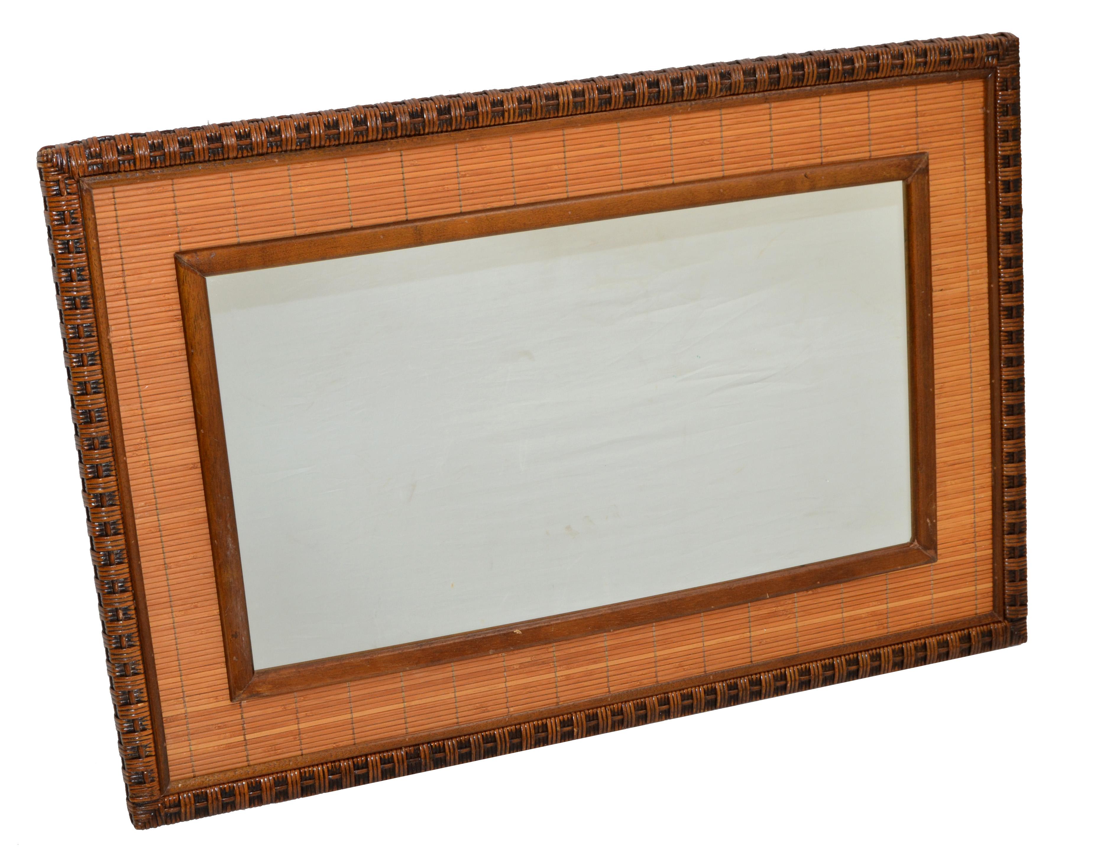 Rectangle Mid-Century Modern Handwoven Rattan Wicker Wall Mirror Boho Chic 1979 For Sale 1