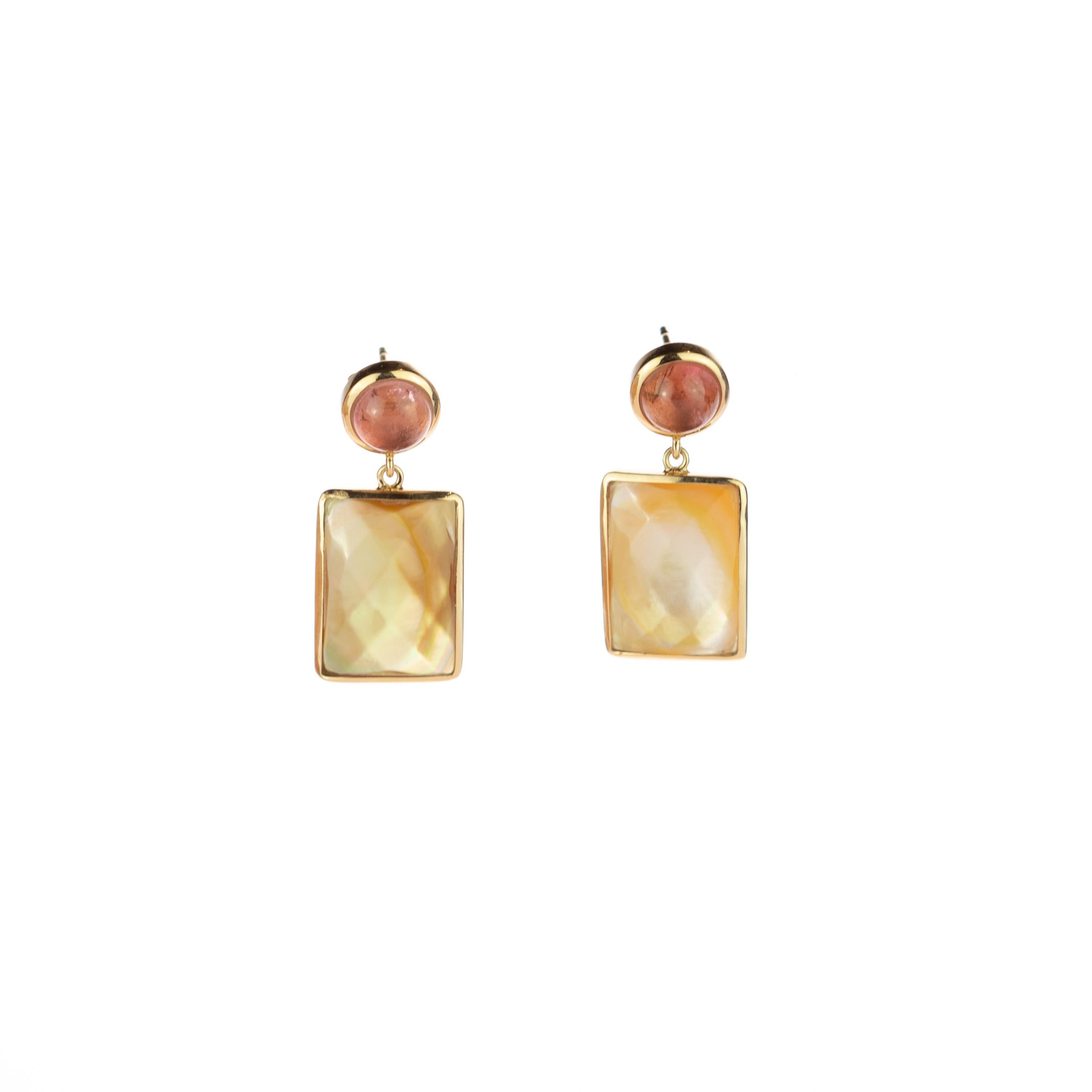 One of a kind square Mother of Pearl and natural Tourmaline earrings surrounded by delicate 18 karat yellow gold details. Evoking all the italian tradition resulting in a stunning masterpiece with an outstanding display of color and a high quality