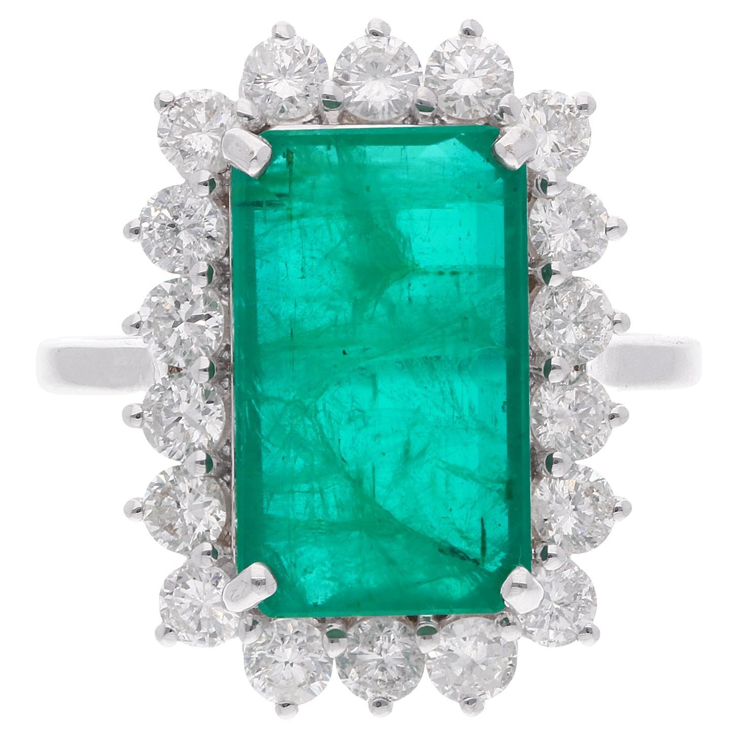 For Sale:  Rectangle Octagon Emerald Gemstone Cocktail Ring Diamond 18 Karat White Gold