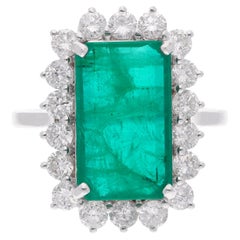 Rectangle Octagon Emerald Gemstone Cocktail Ring Diamond 18 Karat White Gold