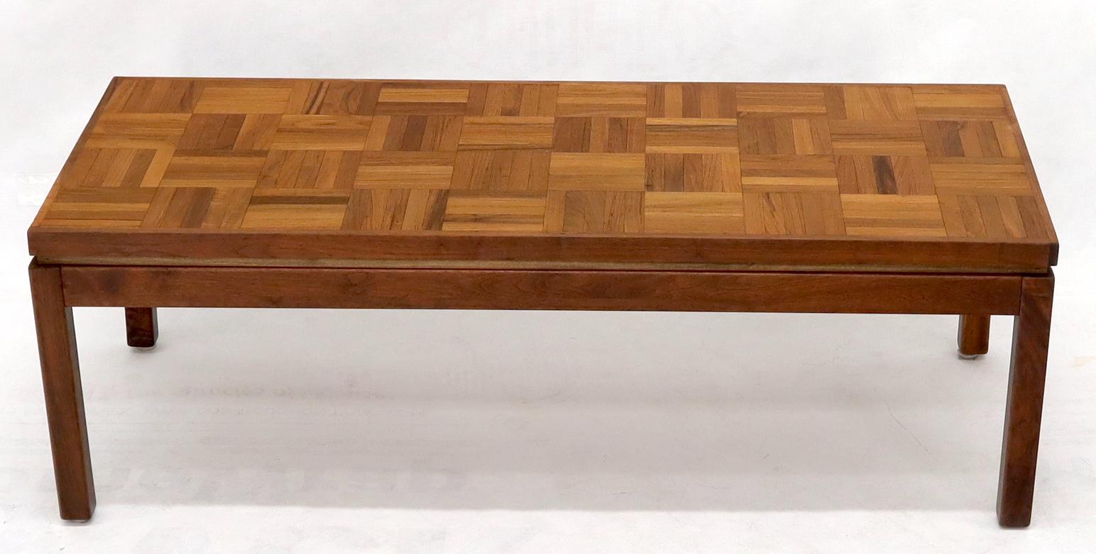 Mid-Century Modern oiled walnut compact parquet top coffee table. McCobb Risom decor match.
