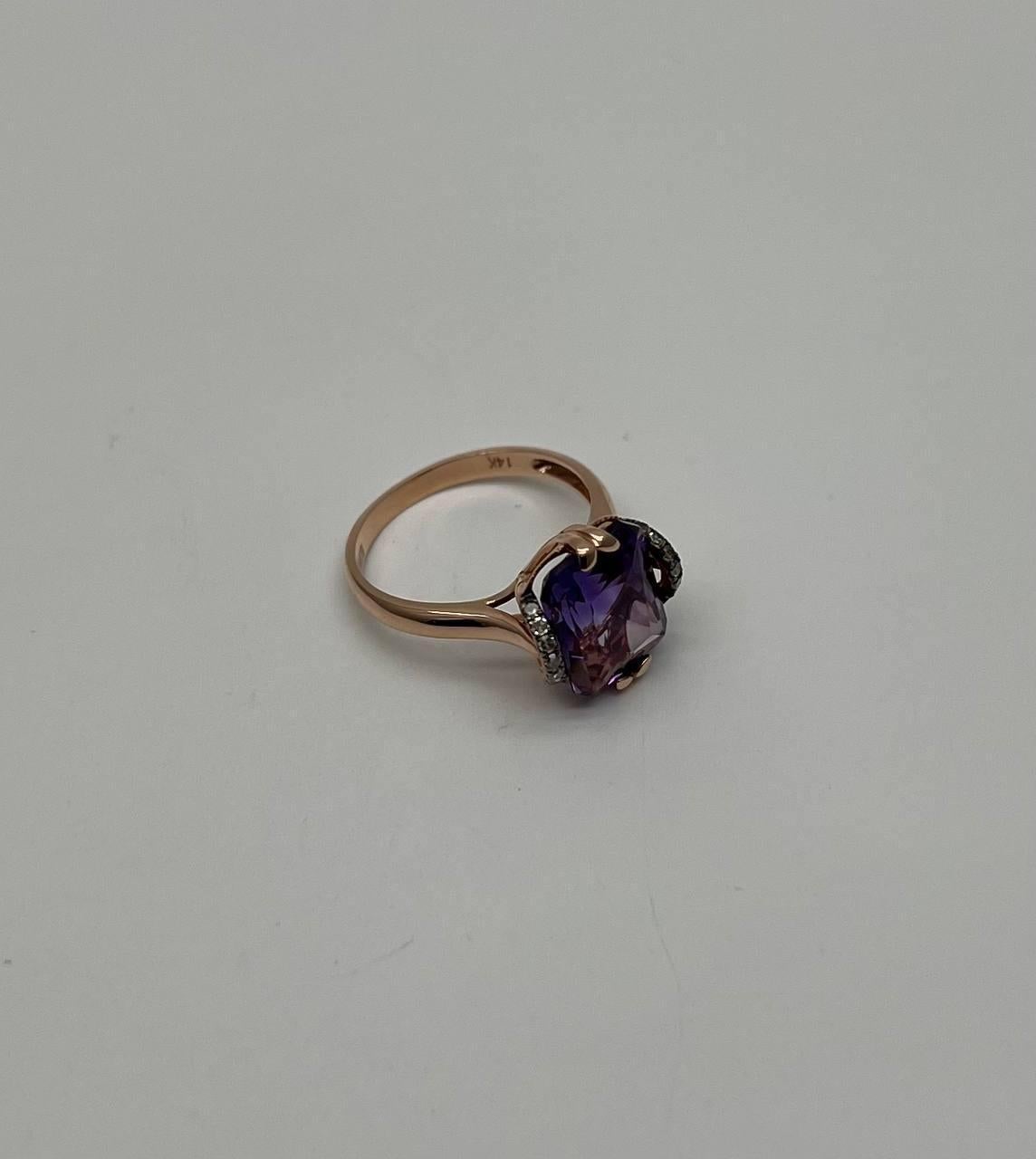 Rectangle Purple Violet Amethyst 14K Rose Gold Diamonds Halo Set Cocktail Ring In New Condition For Sale In Oakton, VA