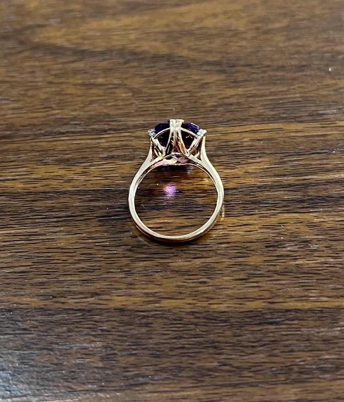 Rectangle Purple Violet Amethyst 14K Rose Gold Diamonds Halo Set Cocktail Ring For Sale 1