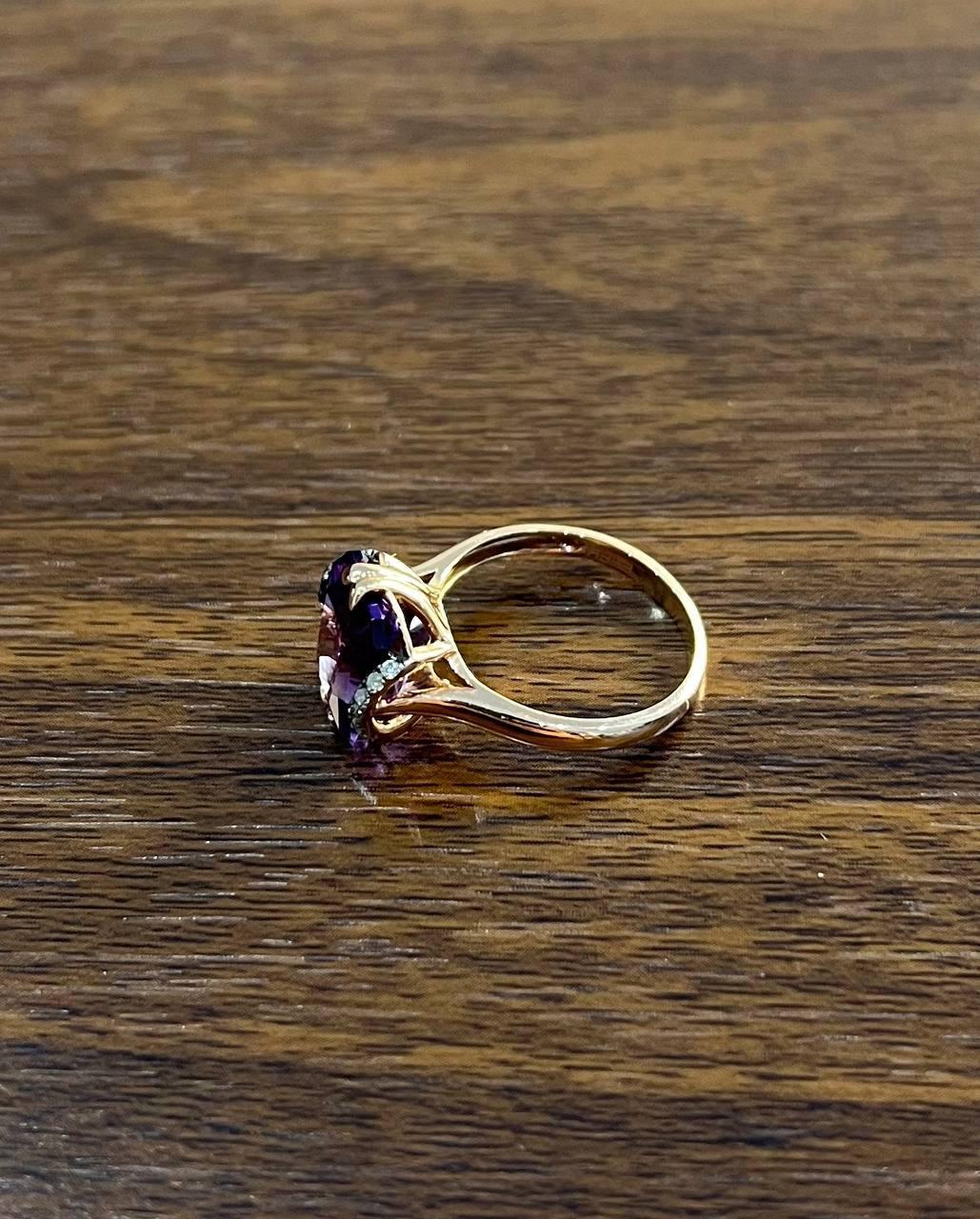 Rectangle Purple Violet Amethyst 14K Rose Gold Diamonds Halo Set Cocktail Ring For Sale 2