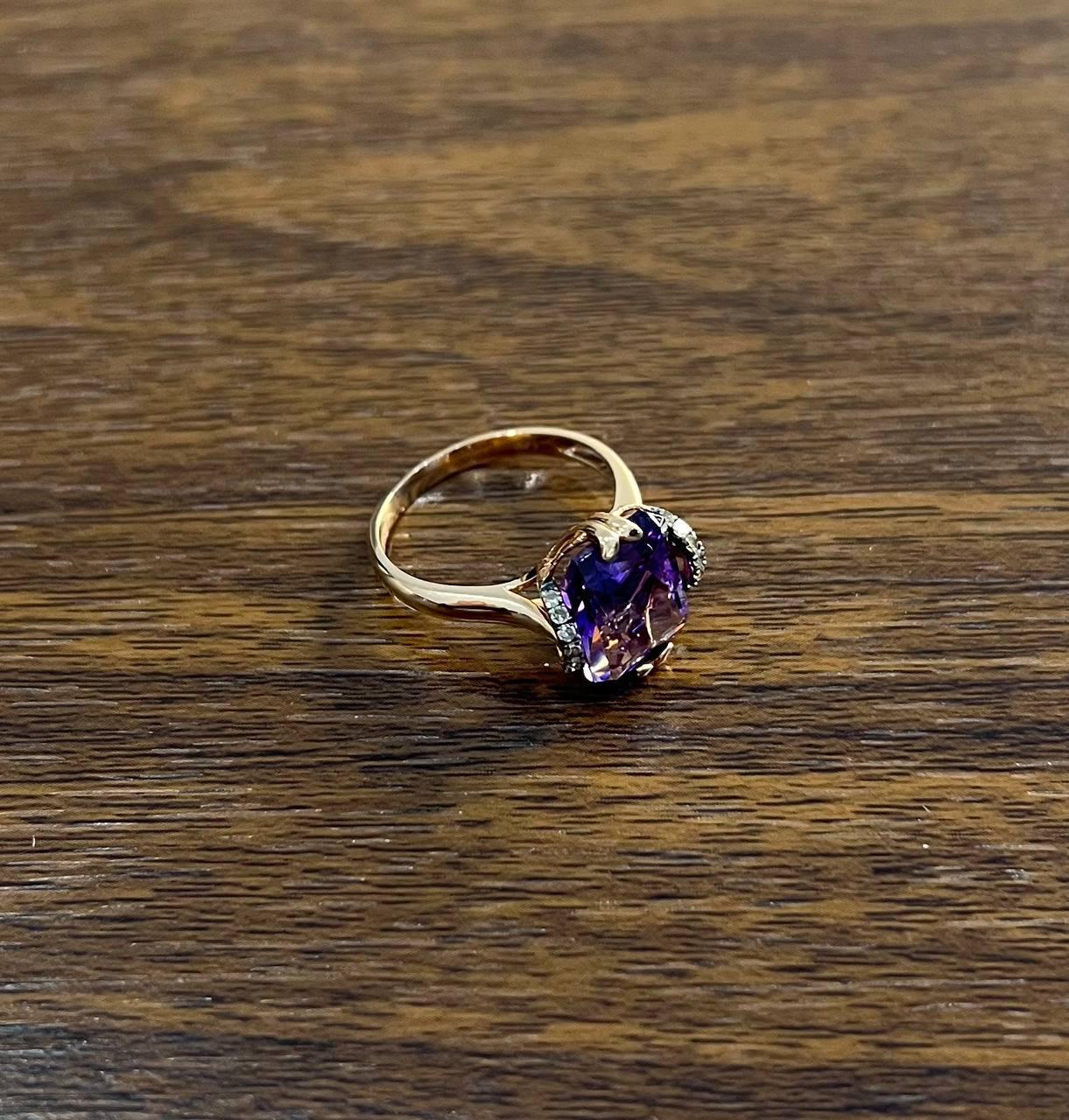 Rectangle Purple Violet Amethyst 14K Rose Gold Diamonds Halo Set Cocktail Ring For Sale 3