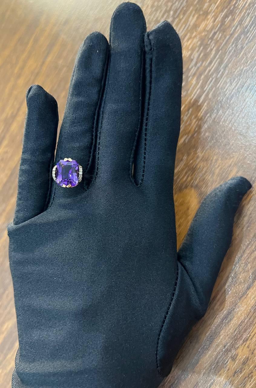 Rectangle Purple Violet Amethyst 14K Rose Gold Diamonds Halo Set Cocktail Ring For Sale 4