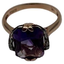 Rechteckiger lila violetter Amethyst 14K Roségold Diamanten Halo-Cocktailring mit Halo-Fassung