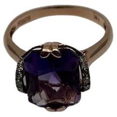 Bague de cocktail rectangulaire en or rose 14K sertie de diamants et d'améthyste violette