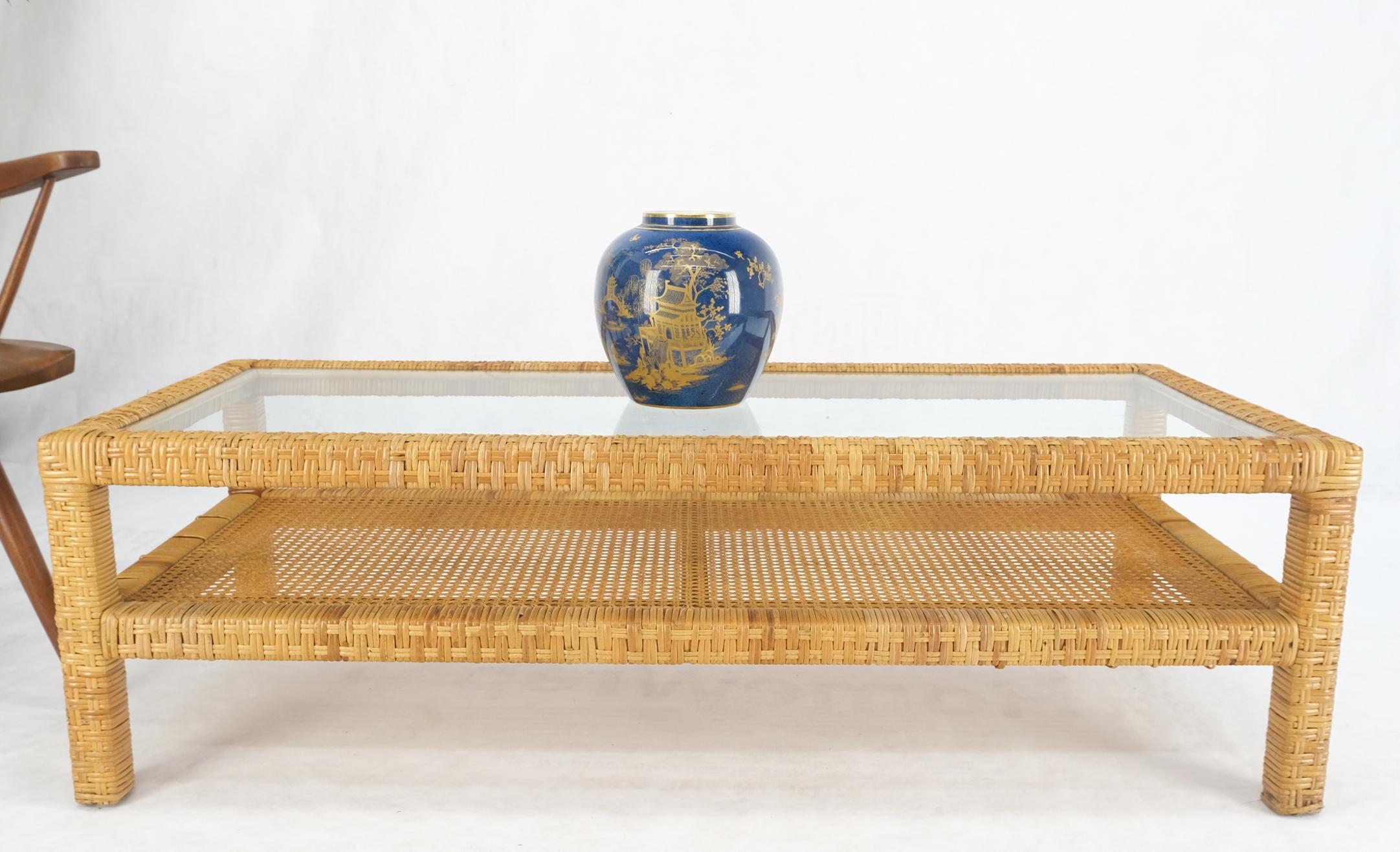 Rectangle Rattan Cane Shelf Glass Top Mid-Century Modern Coffee Table Mint! For Sale 6