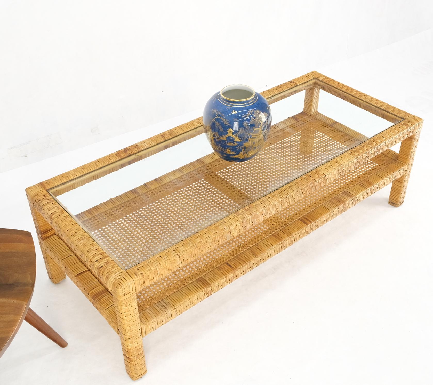 Rectangle Rattan Cane Shelf Glass Top Mid-Century Modern Coffee Table Mint! For Sale 7