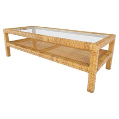 Tavolino da caffè moderno del medio secolo in rattan rettangolare con ripiano in vetro Menta!