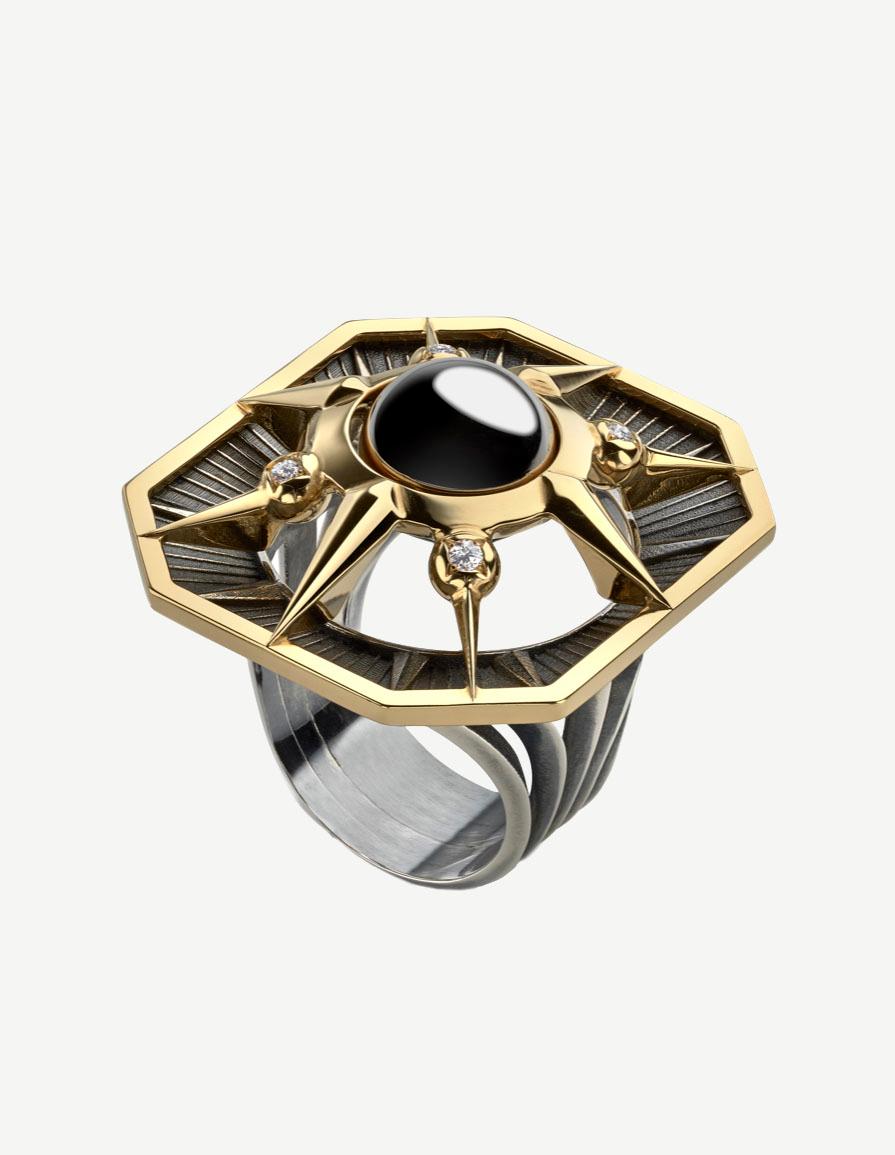 Diamonds Onyx Rectangle Ring by Elie Top. Rectangle ring in patinated silver and 18K yellow gold. Rotating sphere opening on an onyx disc, revealing a star set with a diamond.