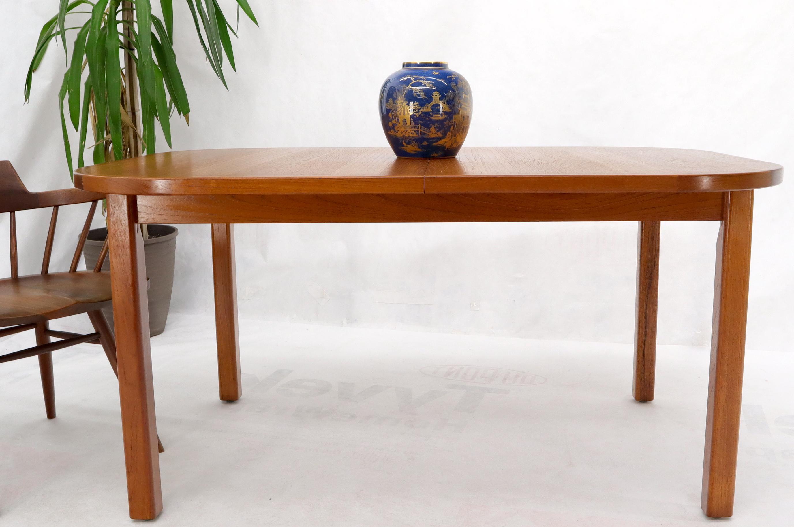 Rectangle Round Corners Teak Midcentury Danish Modern Dining Table Pop Up Leaf For Sale 1
