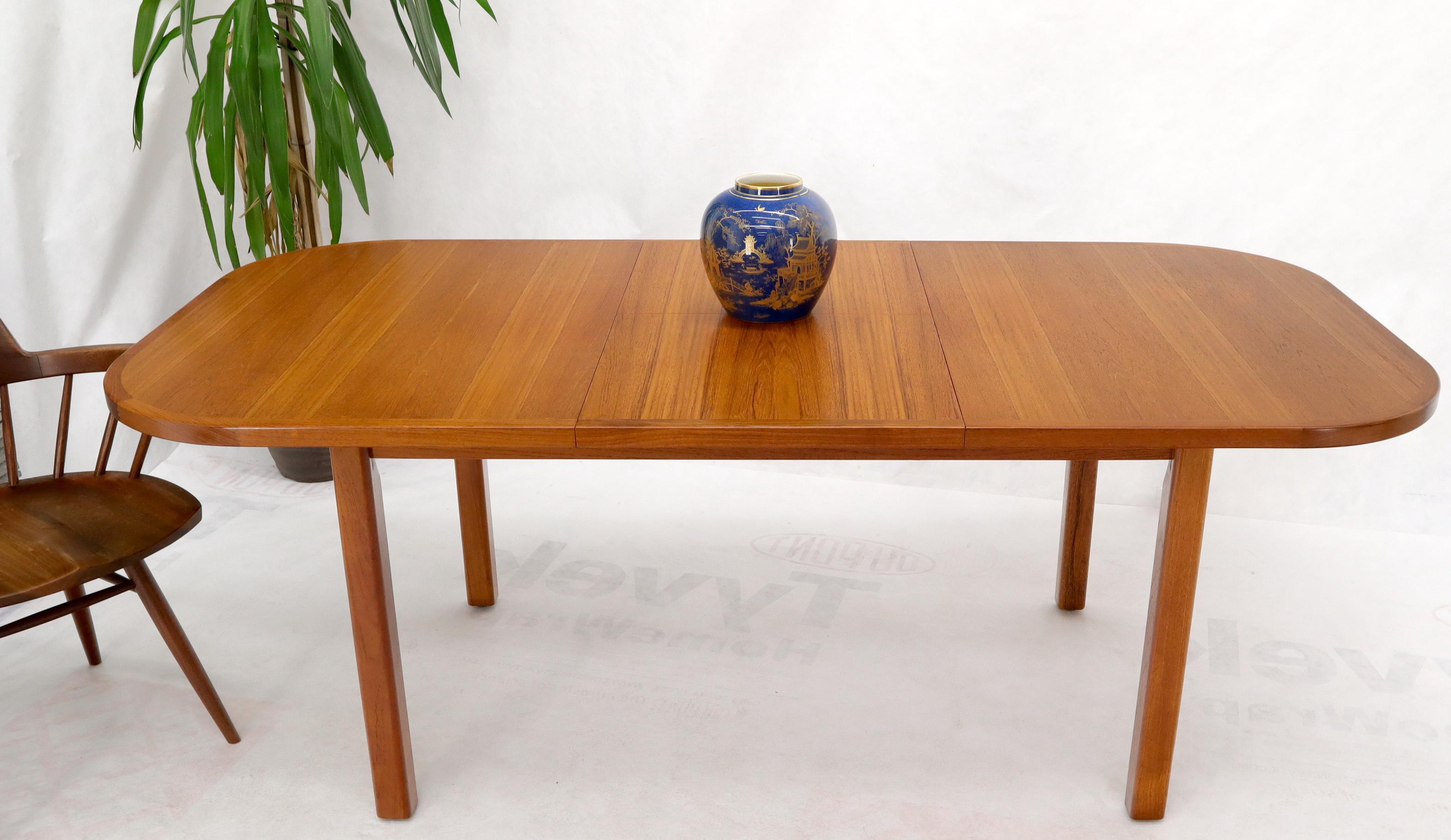 Rectangle Round Corners Teak Midcentury Danish Modern Dining Table Pop Up Leaf For Sale 5