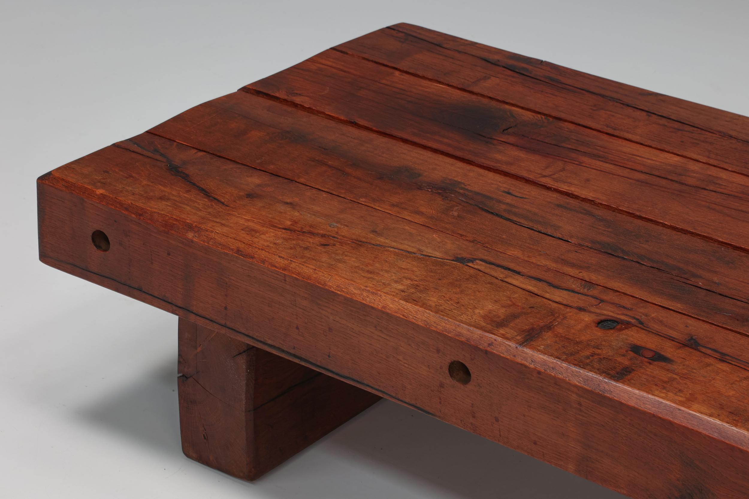 Italian Rectangle Rustic Wood Coffee Table, Brutalist, Wabi-Sabi, Italy, 1940's For Sale