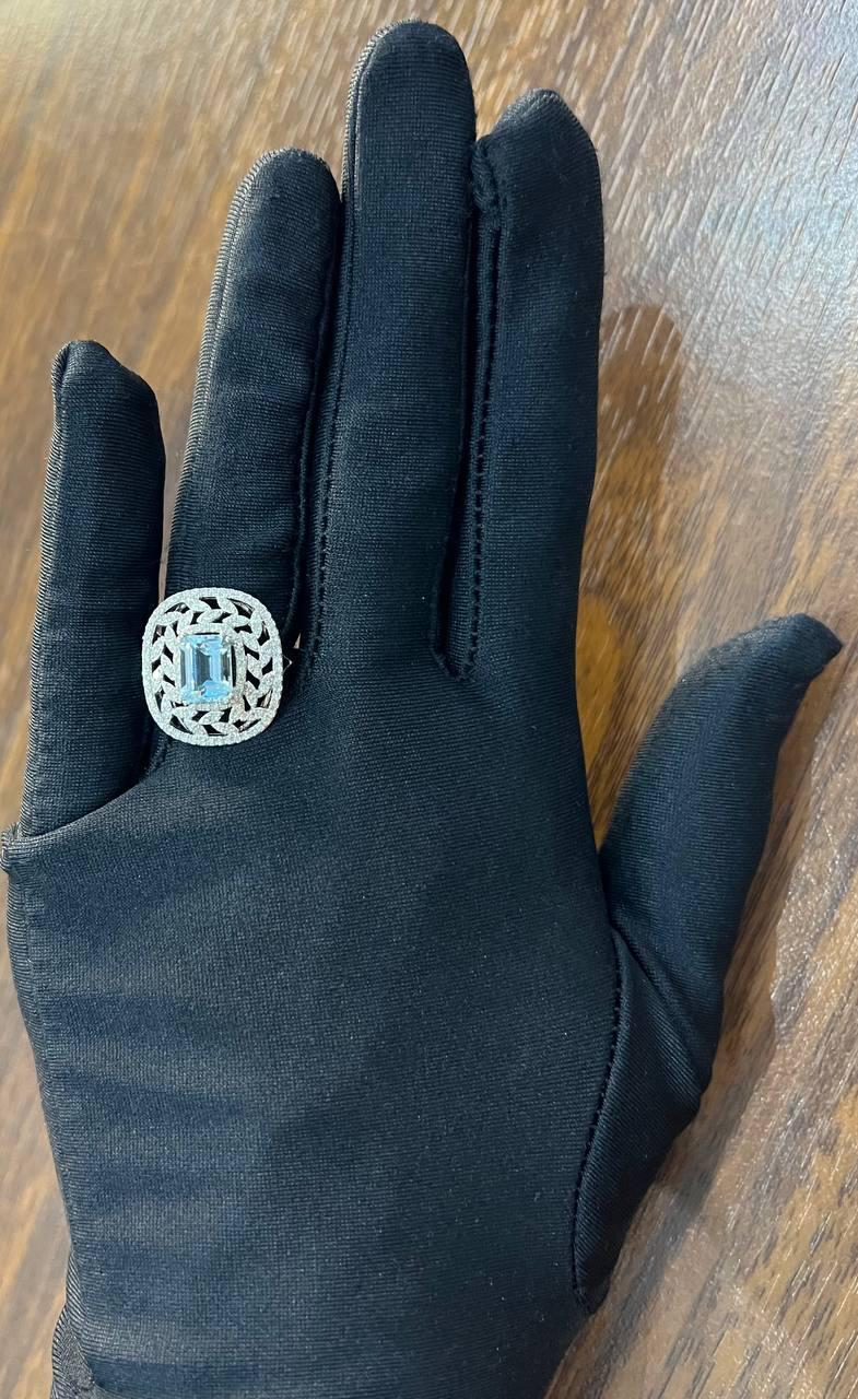 Rectangle Shape Blue Aquamarine & Diamond Halo Pave Set Leaf 14K White Gold Ring For Sale 5