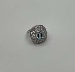 Rectangle Shape Blue Aquamarine & Diamond Halo Pave Set Leaf 14K White Gold Ring