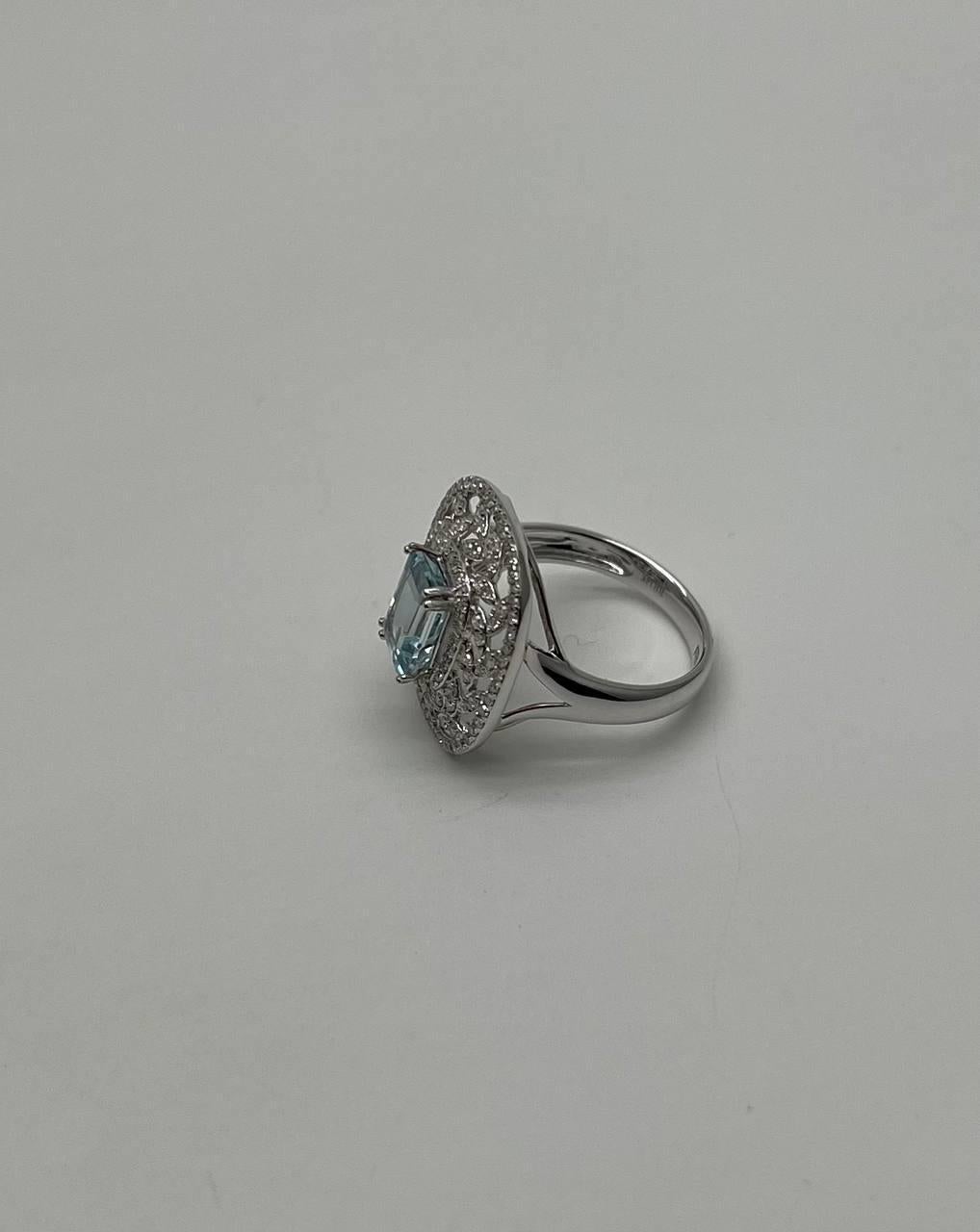 Mixed Cut Rectangle Shape Blue Aquamarine & Diamond Halo Pave Set Leaf 14K White Gold Ring For Sale