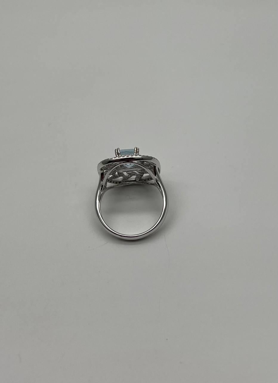 Rectangle Shape Blue Aquamarine & Diamond Halo Pave Set Leaf 14K White Gold Ring In New Condition For Sale In Oakton, VA